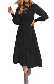 NEW Long Sleeve Crew Neck High Waist Smocked Flowy Tiered Midi Dress L