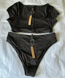 Skims Swim Bikini Set super cropped T-SHIRT and‎ mid waist bottom XL color onyx