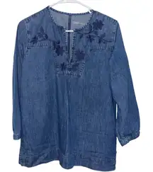 EUC‎ Gap 1969 Denim Tunic Top Floral Embroidered Long Sleeve Casual Medium