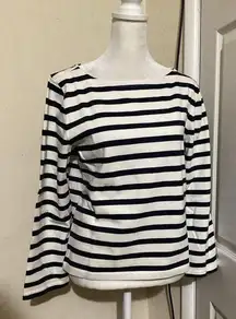 J. Crew Classic Mariner Cloth Boatneck T-Shirt in Stripe Beige Navy Blue S