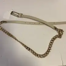NEXT BRAND GOLD CHAIN AND BONE COLOR LEATHER BELT SIZE LARGE 49” LONG