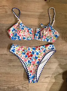 Floral Print Bikini Swimsuit Set Scalloped Trim Women's Summer Beachwear