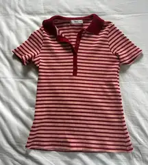 Mango Red and Pink Striped Collared Knit Top 