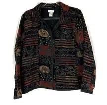 Christopher & Banks | Black Autumn Patchwork Tapestry Fall Leaf Button Jacket XL