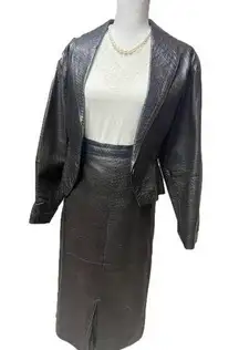 𝅺romanian Brown Leather Suit - Jacket & Skirt Size 46 (Bubble Pattern) Vintage