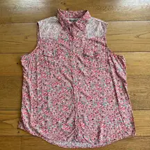 Wrangler Pearl Snap Sleeveless Top Lace Yoke Pink Floral XL