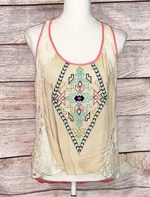 Flying Tomato  Embroidered Sheer South Western Aztec Tank Size M