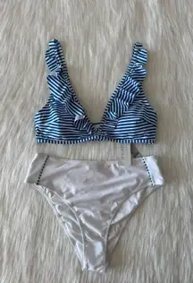 NWT High Waisted White Blue Bikini Set