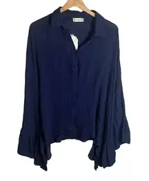 NWT Altar'd State Ruffle Cape Sleeve Button Down Shirt Navy Blue, Size S