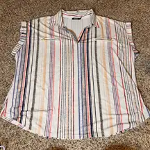 Cure Striped Blouse Sleeveless Collared V-Neck‎ Top with Zippers 3XL