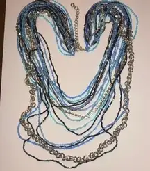 Multi Strand Blue Silver & Gold Tone Seed Bead Beaded Boho Necklace