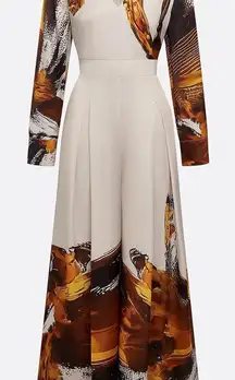 Women Light Khaki Floral V Neck Long Sleeve Wide-Leg Jumpsuit size 10 NEW!