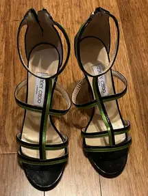 Jimmy Choo Thistle Strappy Black Patent & Green Sandal Heel Shoes