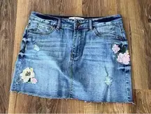 Angel Kiss Womens‎ L Denim Jean Mini Skirt Floral Embroidered Raw Hem Stretch