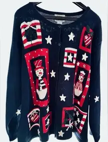 Vintage- Quacker Factory Patriotic Christmas Snowman Festive Knit Cardigan Sz 3X