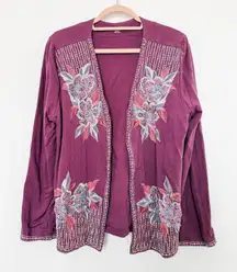 Soft Surroundings Womens Cardigan Size M Purple Embroidered Boho Artsy Cottage‎