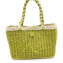 Natural Weave Straw Tote Bag Chartreuse Green Zip Top Beachy Travel Vacation