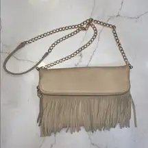 Moda Luxe Cream Pebbled leather Fringe Crossbody Clutch Envelope Bag gold chain