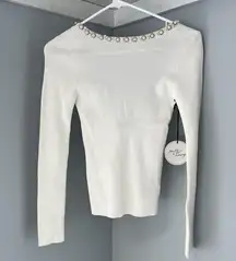 NWT Milk And Honey Knitware White Embellished Neckline Ribbed Sweater Size S