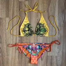 ED HARDY Vintage Y2K Rare Yellow Orange Floral Skulls String Triangle Bikini Set