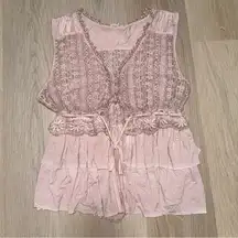 POL Pink Boho Whimsical Vest Tie Up Top - Size Large
