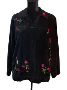 Quacker Factory Medium Rhinestone Rose Embroidered Black Velvet Shacket Top‎ VTG