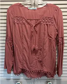 Maurices Long Flare Sleeve Crochet Tie Neck Shirt Size Small High/Low Clay Color