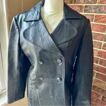 Vintage Black Double-Breasted Leather Jacket Medium Length Classic Stylish Vibe