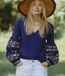Maeve Anthropologie Sonja Top Women 6 Blue Floral Embroider Balloon Sleeve Boho
