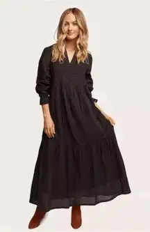 ABLE Jane Maxi Midi Dress Tiered Long Sleeve Black Cotton Fall L NWT