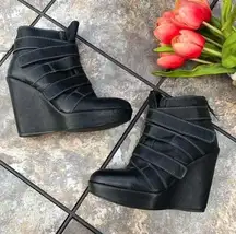 Stuart Weitzman  Black Leather Wild Child Platform Strappy Wedge Boots 8.5