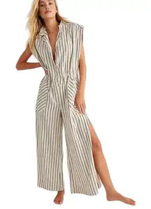 Free People Beach Town One-Piece Linen Blend Wide Leg Jumpsuit Natural Size S