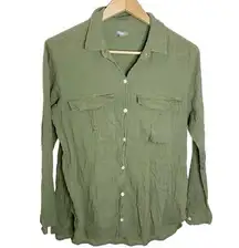 Aerie crinkle gauze cotton relaxed button down shirt in olive hue size L