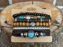 Faux Leather Bracelet Set with Turquoise Heart