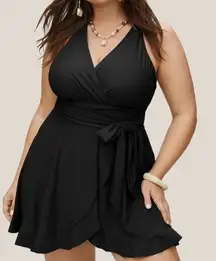 NWT Bloomchic 12 Black Plain Ties Wrap Flutters Swim Dress One Piece Swimsuit