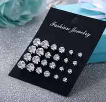 Set of 12 pairs clear crystal ear stud earrings shiny 