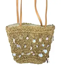 Cappelli Straworld Purse Bag Brown Straw Shell Embellishments 2 Handles Nautical