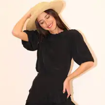 Something Navy Black Short Puff Sleeve MockEyelet Neck Blouse Size Small