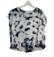 Rachel Zoe Size S Top Linen Back Button Detail Blouse Short Sleeve Tie Dye Blue