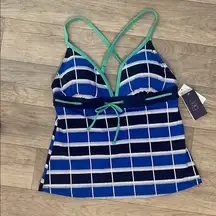 Blue navy white green bow Striped Tankini swim Top NWT checker sz large
