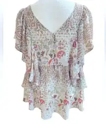 Ruffled Tier Floral Blouse Size Medium Covered Buttons