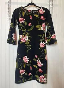 Olivia Matthews Black & Pink Floral Bell Sleeve Mini Sheath Dress Size S