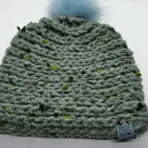 Handmade crochet Beanie. Green with‎ Blue pom pom. NEW