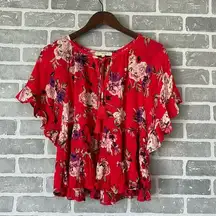 Rewind  •Red Floral Peplum Baby Doll Top Short Bell Sleeve Ruffle Cuff V Neck Tie