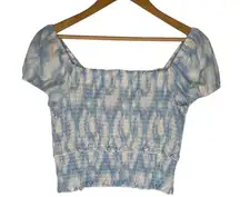 Lush Clothing New Lush Womens Size Medium Cropped Top Smocked Cap Puff Sleeve White Blue Swirl