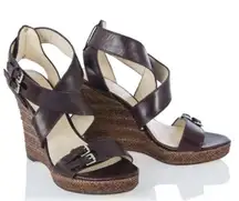 KORS Michael Kors Brown Leather Jute Wedge Sandals Size 8