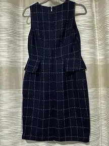 DKNY Peplum Blue Windowpane Tweed Sheath Dress Sz 8