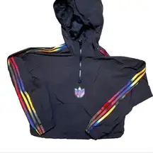 Women’s Adidas Black Rainbow Cropped Windbreaker Hoodie SZ S Trefoil Stripe