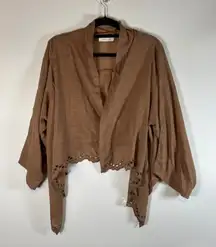 Mustard Seed Open Front Kimono Cardigan Brown Laser Cut Scalloped Hem O/S boho