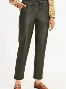 Loft  Dark Green Caper Slim Pull on Leather Pants Tie Waist